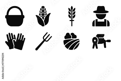 Crop Collection Icons. Crop collection. Filled icon set of crop collection: basket, corn, wheat sheaf, farmer,