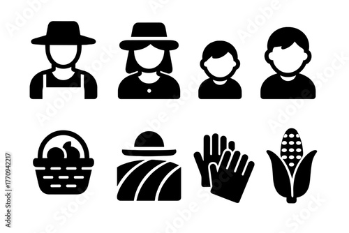 Agricultural Icon Set. Agricultural family. Filled icon set of agricultural family: father, mother, child,