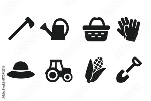 Field Work Icons. Field work. Filled icon set of field work: hoe, watering can, basket, gloves, sun hat,