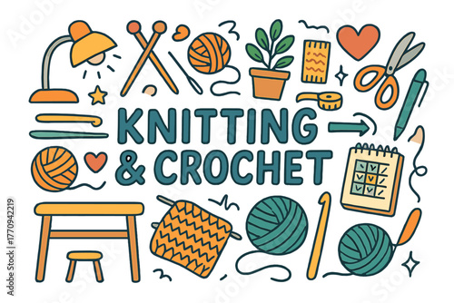 Creative Yarn Doodles. Knitting & Crochet. Hand-drawn doodle illustration of knitting and crochet. Yarn,