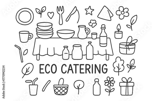 Eco-Friendly Catering Doodles. Eco-friendly catering. Hand-drawn doodle illustration of eco-friendly catering.