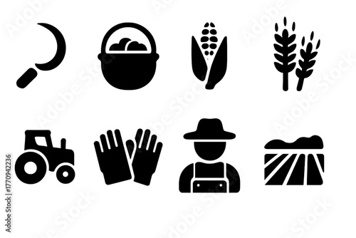 Harvesting Icons Set. Harvesting crops. Filled icon set of harvesting crops: sickle, basket, corn, wheat sheaf