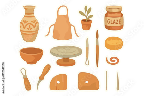 Watercolor Pottery Stickers. Pottery decoration elements. Realistic hand-painted watercolor style sticker