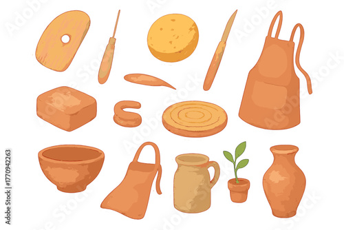 Watercolor Clay Tools Stickers. Clay shaping tools. Realistic hand-painted watercolor style sticker sheet of