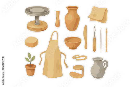 Ceramic Workshop Stickers. Ceramic workshop decor. Realistic hand-painted watercolor style sticker sheet of