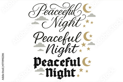 Peaceful Night Calligraphy. Peaceful Night. Create a calligraphy lettering illustration of the phrase: