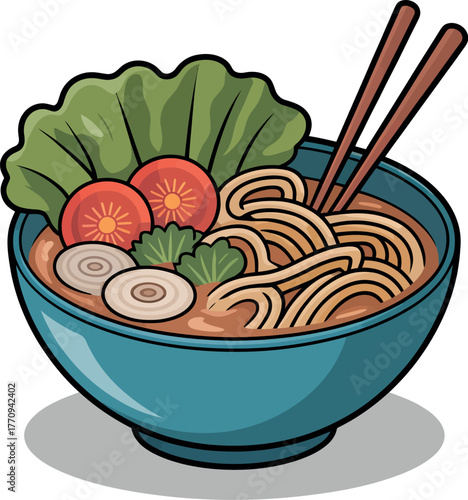 A delicious bowl of ramen noodles with fresh vegetables is ready to be eaten.