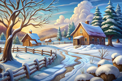 Rustic countryside covered in snow with wooden fence and bare trees in soft light