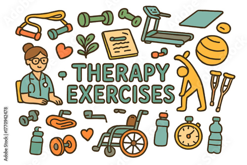 Therapy Exercise Doodles. Therapy Exercises. Hand-drawn doodle illustration of therapy exercises. Resistance