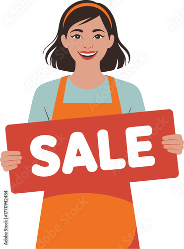 Smiling woman holds a red "SALE" sign, promoting a special offer or discount.