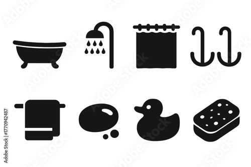 Bathroom Icons Grid. Bathroom setup. Filled icon set of bathroom setup: bathtub, showerhead, shower curtain,