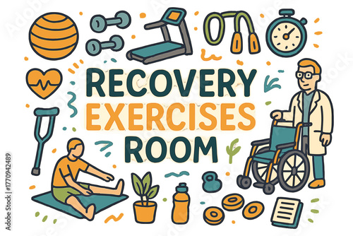 Recovery Room Doodle. Recovery Exercises Room. Hand-drawn doodle illustration of recovery exercises room.