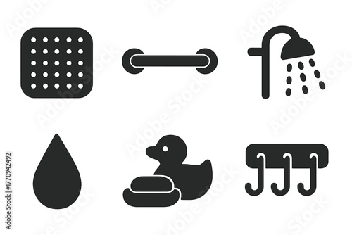 Bathroom Safety Icons. Bathroom safety. Filled icon set of bathroom safety: non-slip mat, grab bar, towel,