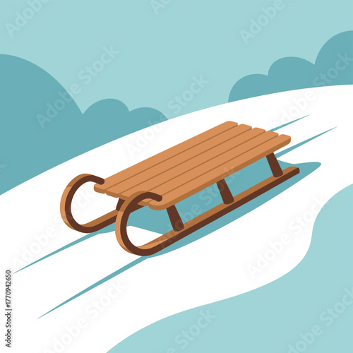 A wooden sled rests on a snowy path, ready for winter fun.