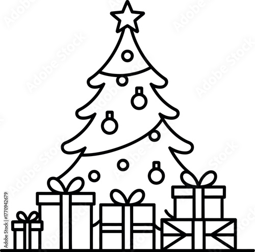 A decorated Christmas tree stands with several wrapped presents underneath it.