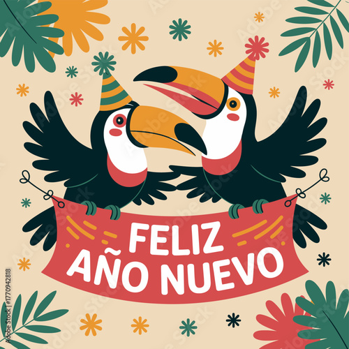 Two toucans celebrate the new year with festive hats and a banner, "Feliz Año Nuevo".