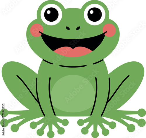 A happy cartoon frog with bright eyes and a wide smile sits in a classic frog pose.