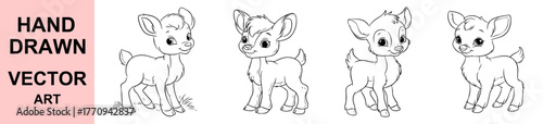 Cute baby deer hand drawn vector illustration, adorable woodland fawn character, black and white cartoon outline art, forest animal drawing for coloring book and nursery design