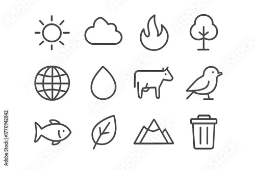 Climate Impact Icons. Climate impact. Line outline icon set of climate impact: sun, cloud, fire, tree, globe,