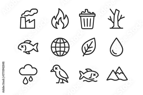 Icons of Environmental Threats. Environmental threat. Line outline icon set of environmental threat: factory,