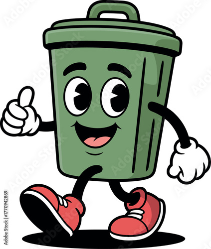 A cartoon trash can gives a thumbs up and walks forward happily.