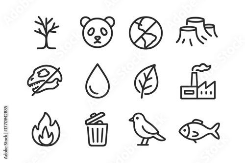 Biodiversity Loss Icons. Biodiversity loss. Line outline icon set of biodiversity loss: tree, endangered