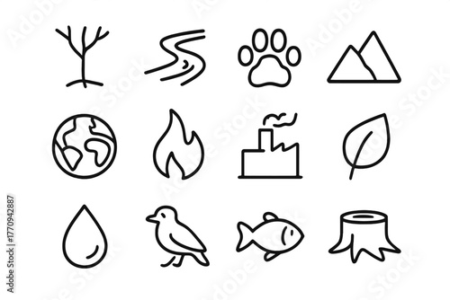 Habitat Loss Icons. Habitat loss. Line outline icon set of habitat loss: tree, river, animal paw, mountain,