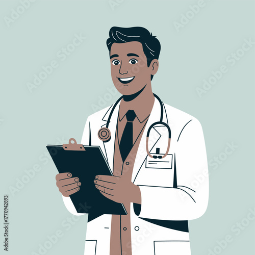 A smiling doctor holds a clipboard and wears a stethoscope around his neck.