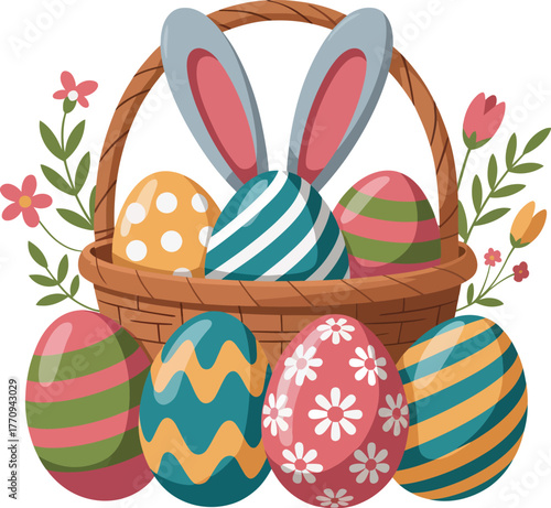 A basket overflowing with vibrantly decorated Easter eggs and bunny ears
