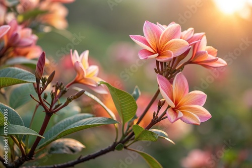 Beautiful Plumeria Flowers Blooming in the Garden During Sunset