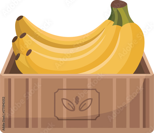A bunch of ripe yellow bananas sits in a wooden crate.