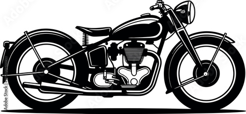 A classic black motorcycle is shown in a profile view on a white background.