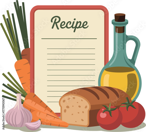 A recipe card is surrounded by fresh ingredients for cooking.
