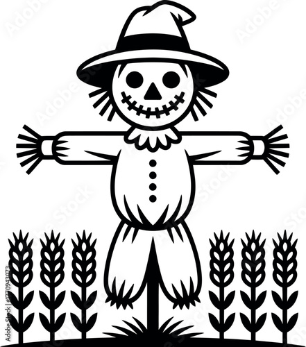 A whimsical scarecrow stands guard over a field of wheat with a friendly, stitched smile.
