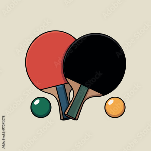 Two table tennis paddles and balls are displayed against a light background.