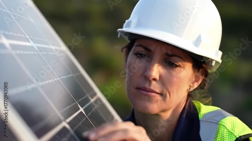 Woman in hard hat inspects solar panel, focusing on renewable energy