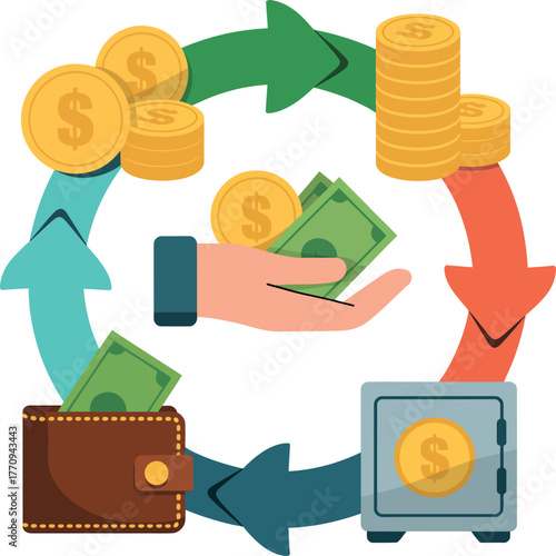 A cyclical representation of financial transactions and wealth accumulation.