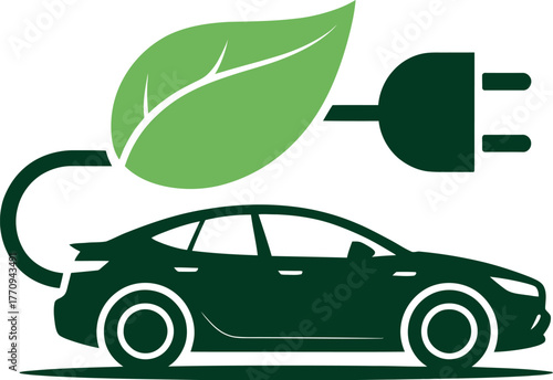Electric car charging with a leaf symbol representing clean energy.