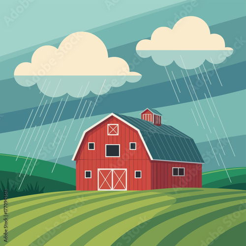 A red barn stands under a cloudy, rainy sky in a rural landscape.