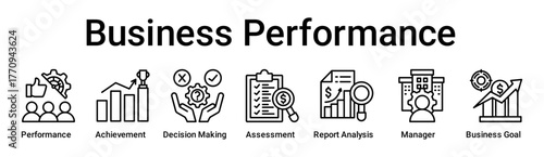 Business Performance banner web icon vector illustration concept for business with icon of Performance, Achievement, Decision Making, Assessment, Report Analysis, Manager, Business.