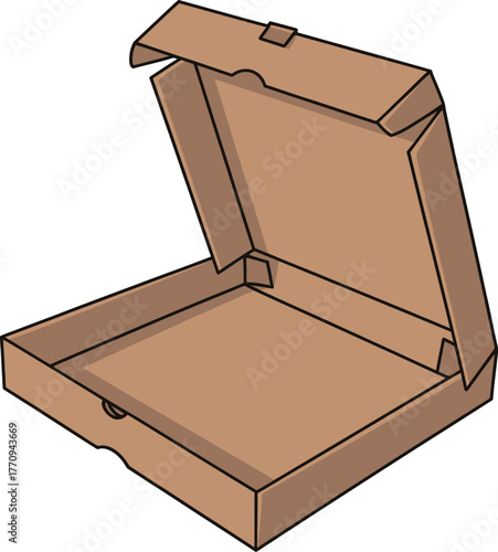 An open, empty cardboard pizza box is ready for delivery.