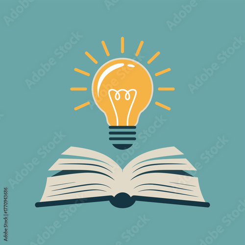 A glowing light bulb shines above an open book, symbolizing knowledge and new ideas.