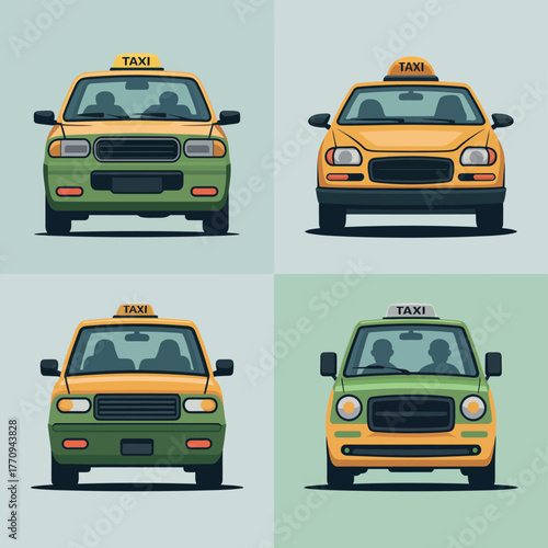 Four distinct taxi vehicles are displayed in a grid layout, showcasing varied designs and colors.