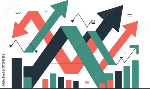 Abstract illustration shows upward and downward trending arrows superimposed on a bar graph.