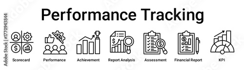 Performance Tracking banner web icon vector illustration concept for business with icon of Scorecard, Performance, Achievement, Report Analysis, Assessment, Financial Report, Key Performance.