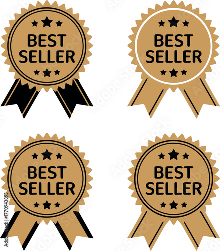 Four golden 'Best Seller' award ribbons with black accents are displayed.