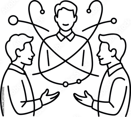 Three people in a discussion, with abstract connections between them.