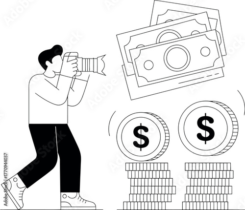 A photographer captures images of money, representing the business of photography.