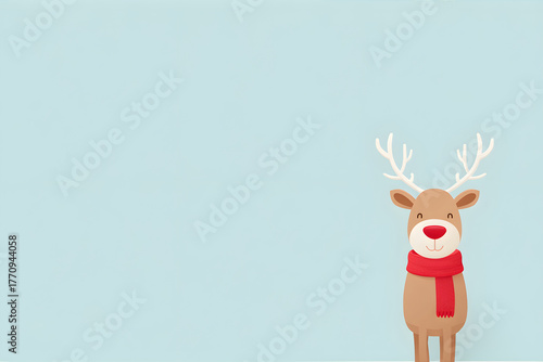 Cute reindeer illustration with red scarf and nose, happy character for Christmas celebration and Winter greeting card design, holiday season graphic.
