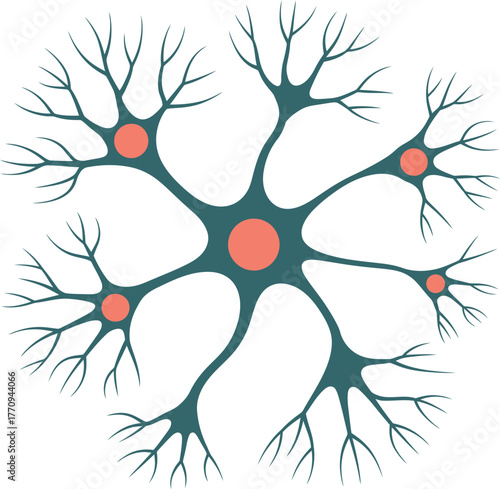 A scientific illustration depicts a branching network of neural pathways and connections.